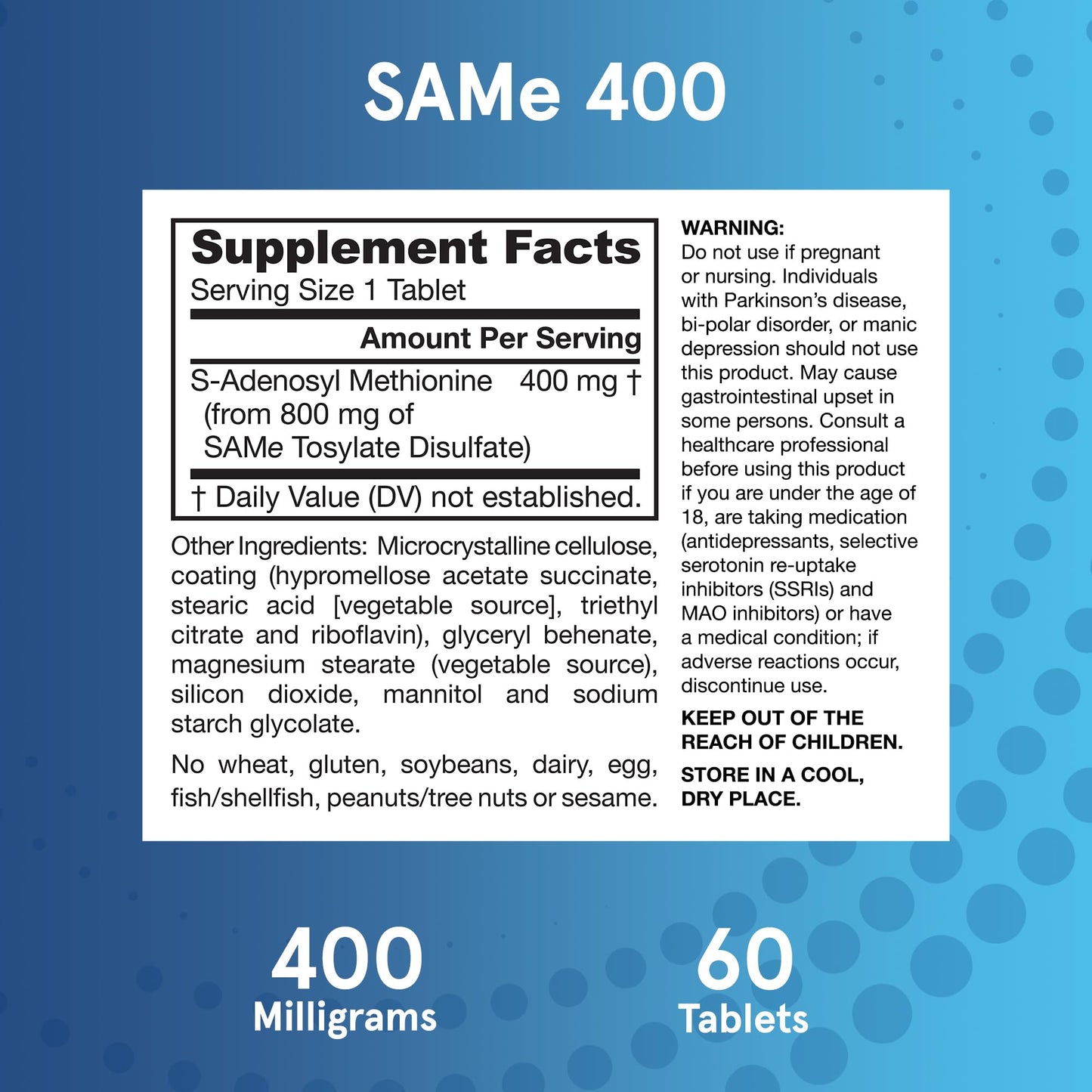 Jarrow Formulas Same 400 mg Extra Strength Vegan Naturally Derived Same Dietary Supplement,Same Supplement Supports Joint Health,Liver Health and Brain Health,60 Tablets,60 Day Supply,Pack of 12